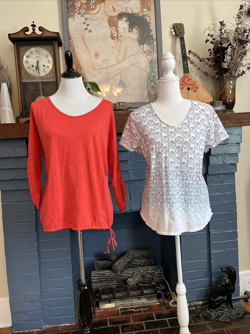 CHICO'S 2 Lot of 2 Knit‎ Tops L Comfort Beachy Shell Print Coral Cotton Modal